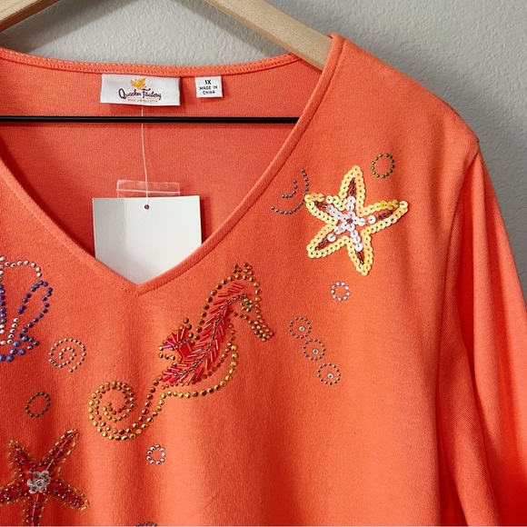 Quacker Factory Coral Orange Rhinestone Sequin Under the Sea 3/4 Sleeve Top 1X - Picture 2 of 10
